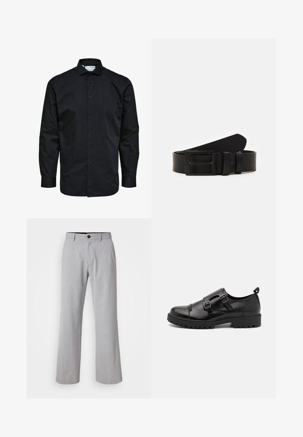 Camisa de hombre negra de manga larga con botones delanteros y cuello clásico, hecha de tela lisa.; Pantalones de pierna ancha en gris claro, confeccionados con una tela texturizada. Presentan una cinturilla con pasadores para cinturón, un cierre frontal con botón y dos bolsillos laterales.; Pier One Mocasines elegantes - black; Cinturón de cuero negro enrollado con una hebilla metálica rectangular negra mate y dos trabillas sobre un fondo blanco.
