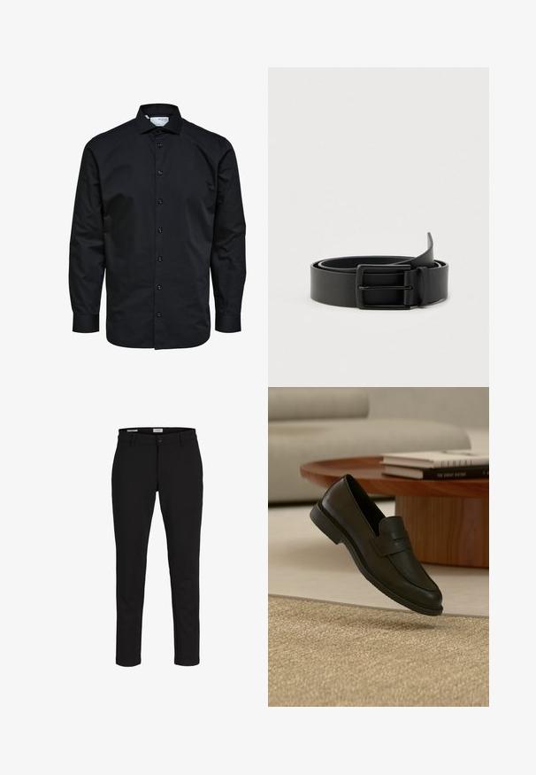 Heren zwarte blouse met lange mouwen met knoopsluiting aan de voorkant en klassieke kraag, gemaakt van gladde stof.; Zwart slim-fit broek met riemlussen, voorsluiting met knoop en rits, weergegeven tegen een witte achtergrond.; Zwarte leren loafer schoen getoond in de lucht boven een beige geweven tapijt, met een houten tafel en gestapelde boeken in een zacht verlichte woonkamer.; Zwarte leren riem met een gladde textuur en een rechthoekige metalen gesp, met een eenvoudig ontwerp zonder zichtbare patronen of accenten.
