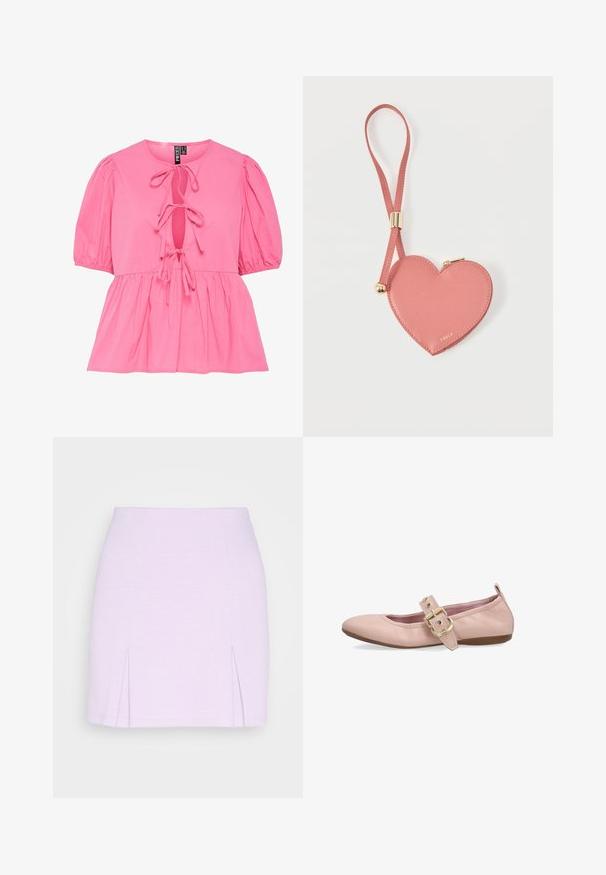 Lyserød bomuldsbluse med pufærmer, en nøglehul-udskæring med bindebånd og en samlet peplum-hulm. Glat tekstur og afslappet design.; Even&Odd by Zalando Mini skirts - lilac; Lyserød læder flatsko med rundet tå, dekorativ rem og stor guldbeklædt spænde, lav hæl og trækkestrop ved hælkanten.; Lyserød hjerteformet lædermøntpose med håndledsrem og guldlås, mærket med lille gyldent "Furla"-tekst.