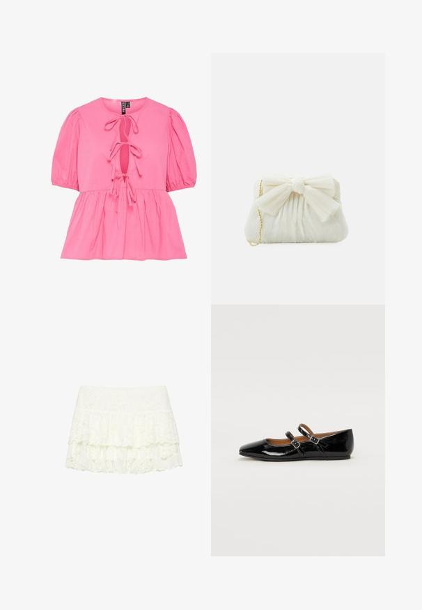 Lyserød bomuldsbluse med pufærmer, en nøglehul-udskæring med bindebånd og en samlet peplum-hulm. Glat tekstur og afslappet design.; Hvid blonder mini nederdel med lagdelte flæsedetaljer og blomsterprint på en ensfarvet baggrund.; Sort laklæderballetsko med spids tå, to justerbare remme med spænder og en flad sål. Glat tekstur med en blank finish.; Hvid plisseret clutch-taske med en fremtrædende sløjfedetalje og en guldkædetras. Blød tekstur med et samlet design på forsiden.