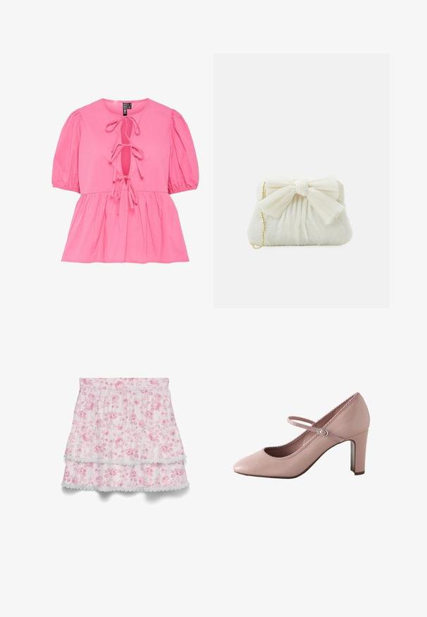 Lyserød bomuldsbluse med pufærmer, en nøglehul-udskæring med bindebånd og en samlet peplum-hulm. Glat tekstur og afslappet design.; Pink blomster tieret nederdel med elastisk talje, med to lag med blonderkant og blødt, let stof.; Lyserød læderhøjhælet sko med rundet tå, ankelrem og bølget kant. Har en slank blokhæle for støtte.; Hvid plisseret clutch-taske med en fremtrædende sløjfedetalje og en guldkædetras. Blød tekstur med et samlet design på forsiden.
