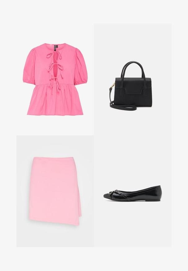 Lyserød bomuldsbluse med pufærmer, en nøglehul-udskæring med bindebånd og en samlet peplum-hulm. Glat tekstur og afslappet design.; Even&Odd Tubenederdele - pink; Sorte patent læder balletflade med spids tå, der har krydset stropper og en lille sølvspænde detalje foran.; Sort struktureret håndtaske lavet af læder med et topgreb, aftagelig skulderrem og detalje med frontklap. Guldhardware accenter.