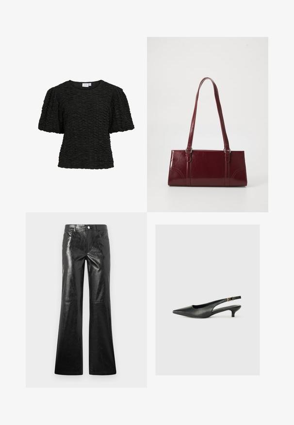 Zwart kortemouwen top met een textuur en geplooide design. Ronde halslijn en een losse pasvorm. De stof lijkt zacht en licht rekbaar.; Zwarte flare pants van glanzend faux leather met een gladde textuur, voorzien van een knoopsluiting en een klassieke vijf-pocketontwerp.; Zwarte puntschoen met slingback van soepel leer. Kenmerkt zich door een dunne hak en een gespdetail op de verstelbare band.; Bourgondische handtas van glanzend materiaal, rechthoekige vorm, met twee schouderbanden en subtiele gebogen accenten aan de voorkant.