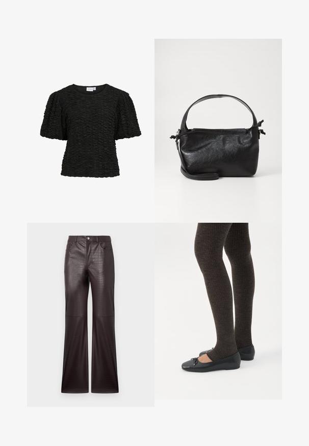 Sort kortærmet top med en tekstureret, rynket design. Rund halsudskæring og løs pasform. Stoffet ser blødt og lidt strækbart ud.; Krokodilleskindsmønstrede, mørkebrune bukser i faux læder med bred benform, der har forlommer og sølvfarvet knaplukning.; Ben iført mørke ribbede leggings kombineret med sorte balletsko med små sløjfedetaljer på hvid baggrund.; Sort læderhåndtaske med et struktureret design, rund tophåndtag og aftagelig skulderrem. Den har en glat tekstur og en subtil glans.