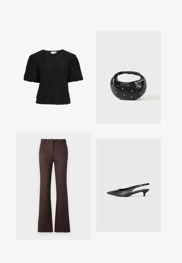 Top negro de manga corta con un diseño texturizado y fruncido. Cuello redondo y estilo holgado. La tela parece suave y ligeramente elástica.; Pantalones acampanados marrones hechos de una tela suave con una textura lisa. Cuentan con una cremallera frontal, trabillas para el cinturón y una silueta limpia y ajustada.; Zapato de tacón slingback negro de punta afilada, hecho de cuero suave. Presenta un tacón delgado y un detalle de hebilla en la correa ajustable.; Bolso de mano de cuero negro con forma redondeada, decorado con detalles de tachuelas plateadas y un asa corta. Textura lisa y cierre con cremallera.