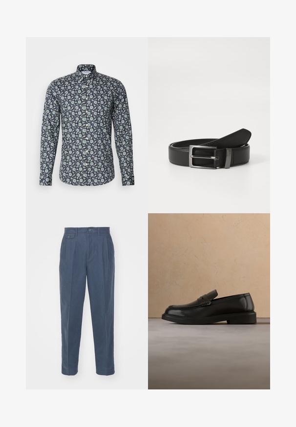 Langsleeve button-up shirt in marineblauw met een bloemenpatroon in groen en wit. Beschikt over een klassieke kraag en een gladde stofstructuur.; Only & Sons ONSPALE NEW LOOSE PANT - Broek - dark slate; Zwarte leren loafer die boven een beige geweven kleed zweeft, met een houten ronde tafel en een bank op de achtergrond.; Zwarte leren riem met een zilveren metalen gesp, met een gladde afwerking en een klassiek ontwerp. De riem is netjes opgevouwen.