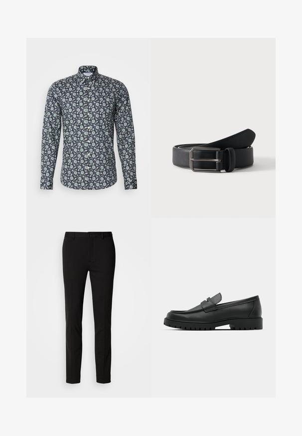 Tumesinise lillemustriga rohelise ja valgega pikkade varrukatega särgike. Omab klassikalist kraed ja sileda tekstuuri.; Mustad püksid slim fit lõikega, nööbiga kinnitatavad ja vöörihmadega. Valmistatud siledast kangast, millel on kerge läige, ilma nähtavate mustriteta.; Mustad musta nahast loafers, millel on ümar varvas, tikandiga disain, madal platvorm-soon ja tekstureeritud, soonikkummist välistald.; Mustast nahast vöö, millel on ristkülikukujuline hõbedane metallist pandla, heledal ühtlasel taustal.