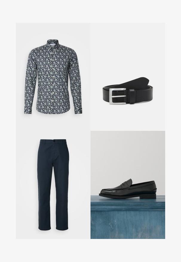 Langsleeve button-up shirt in marineblauw met een bloemenpatroon in groen en wit. Beschikt over een klassieke kraag en een gladde stofstructuur.; Marineblauwe chino's gemaakt van katoen, met een rechte pijp, knoopsluiting en zijzakken voor praktische toepassingen.; Zwarte leren loafers met een strak ontwerp, voorzien van een gestikte neus en een gladde afwerking. De schoen heeft een lage hak en minimale details.; Zwarte leren riem met een gladde textuur, zilveren rechthoekige gesp en een lus voor het einde. Heeft nette stiksels langs de randen.
