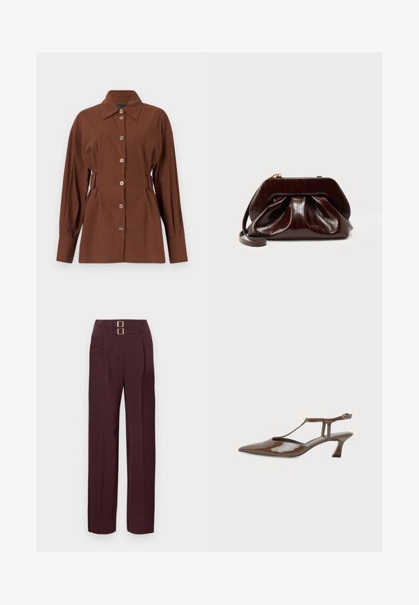 Chemise marron à manches longues avec boutons sur le devant, col large et détails de boucles latérales réglables, présentée sur un fond uni.; Pantalon taille haute de couleur bordeaux foncé avec deux sangles à boucle dorée en haut et une coupe droite.; Chaussure slingback en cuir verni marron, bout pointu, petit talon kitten, fine bride en T et fermeture à boucle à la cheville.; Pochette en cuir brillant marron foncé avec un design plissé et une fine lanière pour poignet sur fond blanc.