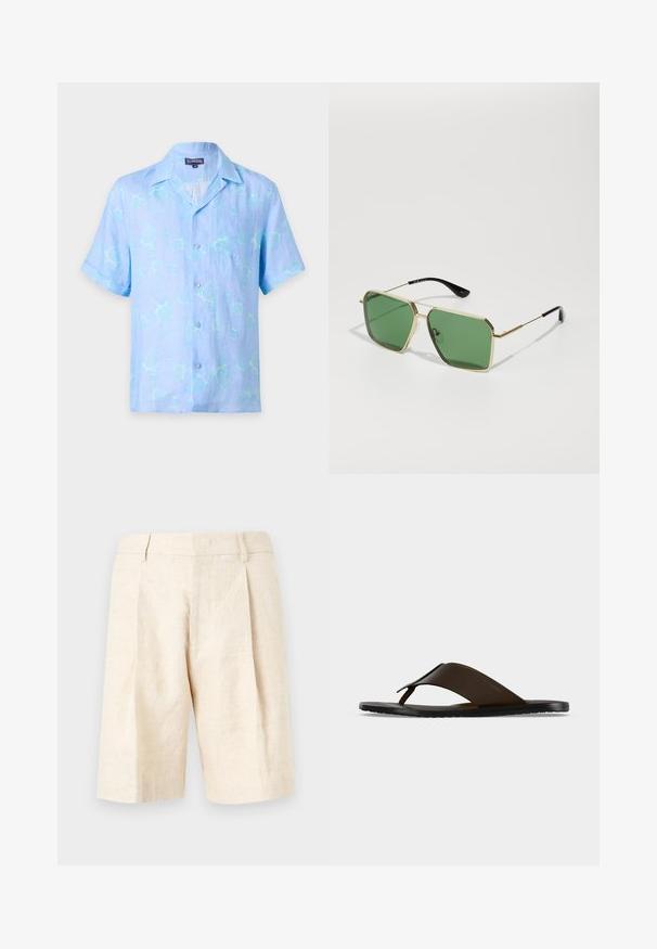 Chemise bleu clair à manches courtes avec boutons, col et motif subtil de tortue, poche poitrine avant, étiquetée "Vilebrequin" taille moyenne.; Short en lin beige avec taille haute, plis avant, passants de ceinture et coupe droite longueur genoux.; Sandale tong en cuir marron foncé avec une large sangle à la cheville et une semelle plate noire, montrée de profil sur fond gris.; Lunettes de soleil en métal doré avec des verres verts, de forme géométrique, et des embouts de branches en plastique noir. Construction légère avec des accents subtils.