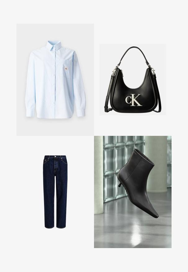 Hellblau gestreiftes Langarmhemd mit Button-Down-Kragen, einer einzelnen Brusttasche und einem kleinen Logo-Patch auf der Tasche. Aus Baumwollmaterial.; Dunkelblaue Denim-Jeans mit geradem Bein, hoher Taille, fünf Taschen und kontrastierenden Nähten. Ohne Verzierungen.; Schwarzer Leder-Knöchelstiefel mit spitzer Spitze und kleinem Absatz vor einer Wand aus Glasbausteinen und einem polierten Boden.; Schwarze Lederhandtasche mit silbernem "cK" Logo vorne, mit kurzem Griff und längerem verstellbarem Schulterriemen.