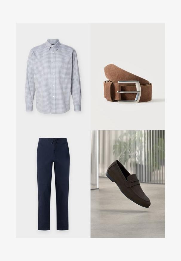 Chemise à manches longues à carreaux gris clair et blanc avec col et une poche poitrine, présentée à plat sur fond blanc.; Pantalon droit bleu marine avec devant plat, poches latérales et taille élastique munie d'une patte noire ajustable.; Mocassins en daim marron au design élégant, avec une bride sur le dessus, un bout arrondi et une semelle en caoutchouc plate.; Ceinture en daim marron roulée avec une boucle rectangulaire en métal argenté sur un fond clair uni.