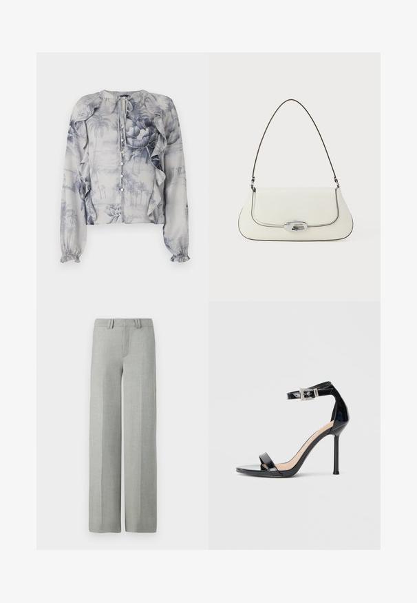 Blouse légère avec un imprimé floral et paysage bleu. Volants au niveau des épaules et fermeture à boutons à l'avant. Manches longues avec des poignets élastiques.; Pantalons larges gris en tissu léger, dotés d'un devant plat, de passants de ceinture et de lignes épurées et taillées sans motifs visibles.; Sandale à talon haut en cuir verni noir avec bride à la cheville. Présente un design minimaliste, un bout ouvert et une boucle ornée de strass.; Sac à main en cuir blanc avec un design courbé, des coutures noires contrastantes, et un fermoir en métal argenté arborant le logo Calvin Klein.