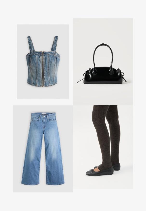 Top de mezclilla corto con tirantes anchos, que cuenta con un zipper frontal. Color azul claro con costuras verticales y un diseño ajustado.; Vaqueros de pierna ancha en azul claro hechos de denim, con cintura alta, cierre frontal con cremallera y botón, y diseño clásico de cinco bolsillos.; Piernas con leggings oscuros acanalados combinados con bailarinas negras que presentan pequeños detalles de lazo sobre un fondo blanco.; Pequeño bolso negro brillante con dos asas largas y detalles de cordón lateral sobre un fondo claro liso.