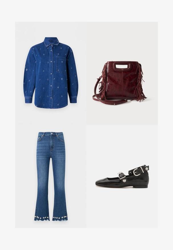 Chemise en denim bleu à boutons, manches longues, col, poche poitrine et petit motif brodé en forme de croix blanche réparti sur toute la surface.; Jean en denim bleu moyen avec jambes évasées, ourlets effilochés et ornements décoratifs de perles et de fleurs le long des bords inférieurs.; Ballerine en cuir verni noir avec un bout carré, sangle de cheville avec des détails en métal argenté et semelle plate. Texture lisse avec un design minimaliste.; Sac à main carré en cuir bordeaux avec poignée découpée, détails de franges latérales et bandoulière réglable sur fond uni.