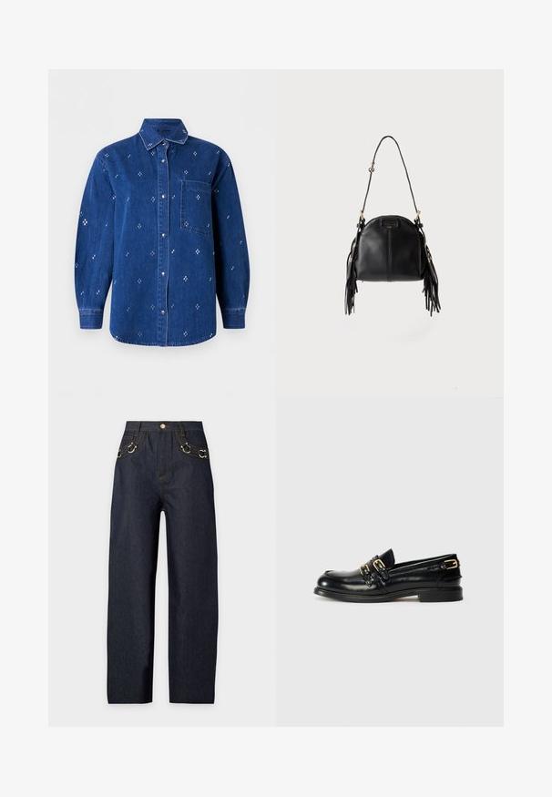 Chemise en denim bleu à boutons, manches longues, col, poche poitrine et petit motif brodé en forme de croix blanche réparti sur toute la surface.; Jean droit bleu foncé taille haute, coutures dorées, fermeture par boutons et détails décoratifs avec anneaux dorés sur les poches avant.; Mocassins en cuir noir avec une finition brillante, dotés de deux boucles dorées et d'un talon bas. Texture lisse avec un design à bout arrondi.; Sac à main en cuir noir avec une forme courbée, une longue bandoulière réglable et des franges de chaque côté sur un fond clair.