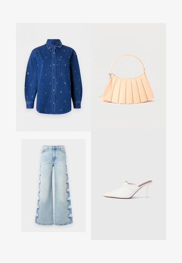 Chemise en denim bleu à boutons, manches longues, col, poche poitrine et petit motif brodé en forme de croix blanche réparti sur toute la surface.; Jean denim bleu clair à jambes larges avec broderies florales et ondulées le long des coutures extérieures, de la taille à l'ourlet.; Mules blanches à bout pointu, texture plissée sur le dessus, et talon stiletto fin. Surface lisse et design minimaliste.; Sac à main plissé beige avec poignée arrondie et bandoulière détachable, présenté sur un fond clair uni.