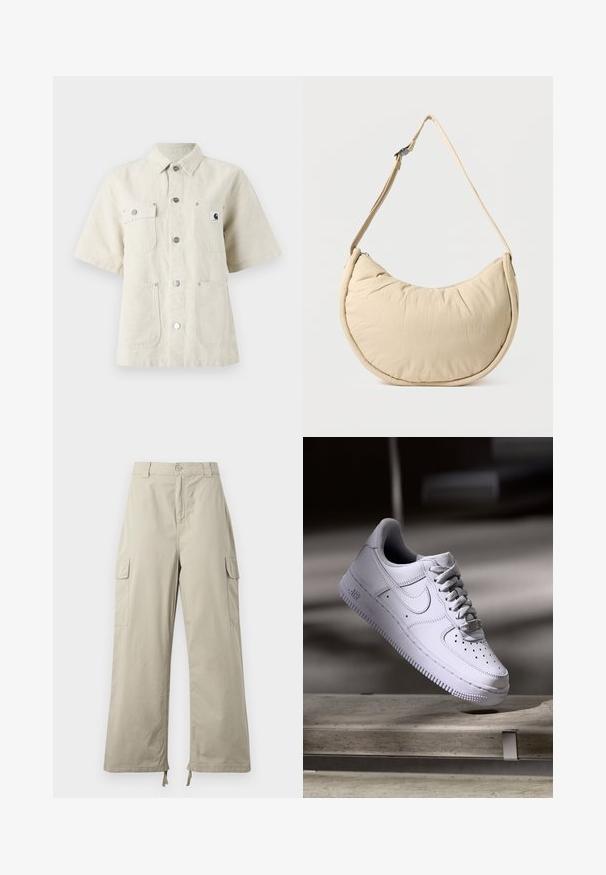 Kortærmet skjorte i lys beige stof, med spidse kraver, frontknapper, to brystlommer og et lille logomærke på venstre side.; Lys beige cargo bukser med en afslappet pasform, der har knaplukning, sidelommer og justerbar kant med snore. Glat stoftekstur.; Hvid Nike Air Force 1 sneaker svævende over en betonoverflade med skygger i et minimalistisk miljø.; Beige skuldertaske i halvmåneform med en blød, polstret overflade. Har justerbar rem og lynlås langs den øverste kant.