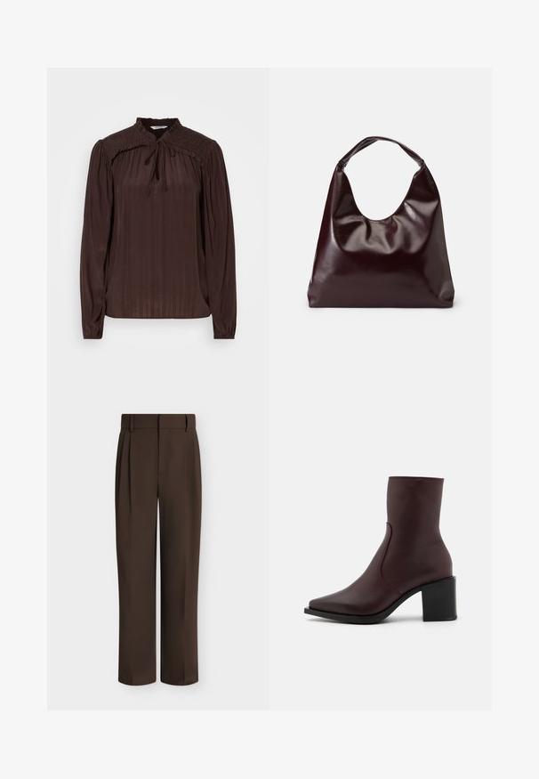 Blouse marron à manches longues avec un décolleté en forme de trou de serrure, texture plissée, épaules smockées et poignets froncés. Tissu léger et fluide.; Pantalon formel coupe droite marron foncé avec passants de ceinture et plis à l'avant, présenté sur un fond clair uni.; Zign by Zalando LEATHER - Bottines - bordeaux; Sac en cuir vegan bordeaux, brillant, avec une forme douce et sculpturale et une large poignée incurvée pour un transport facile.