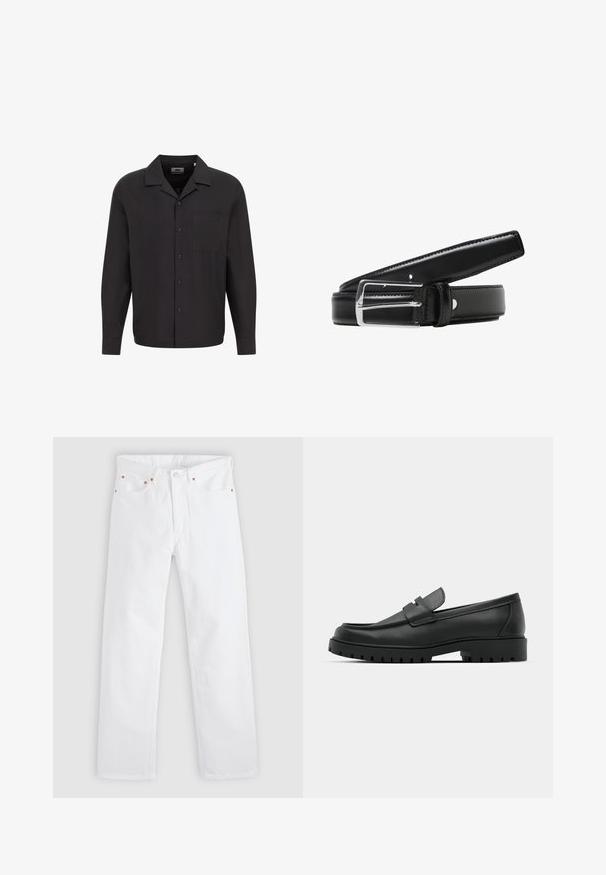 Sort langærmet skjorte med knaplukning foran, flad krave, enkelt brystlomme og glat tekstur. Designet er enkelt og klassisk.; Hvide jeans med lige ben, fem-lomme design, knap- og lynlåslukning samt kobbernitdetaljer på lommerne.; Sorte læder loafers med rund tå, der har et syet design, lav platformssål og en struktureret, skridsikker gummisål.; Sort læderbælte med en skinnende sølvmetal spænde, glat tekstur og flere justeringshuller langs remmen.