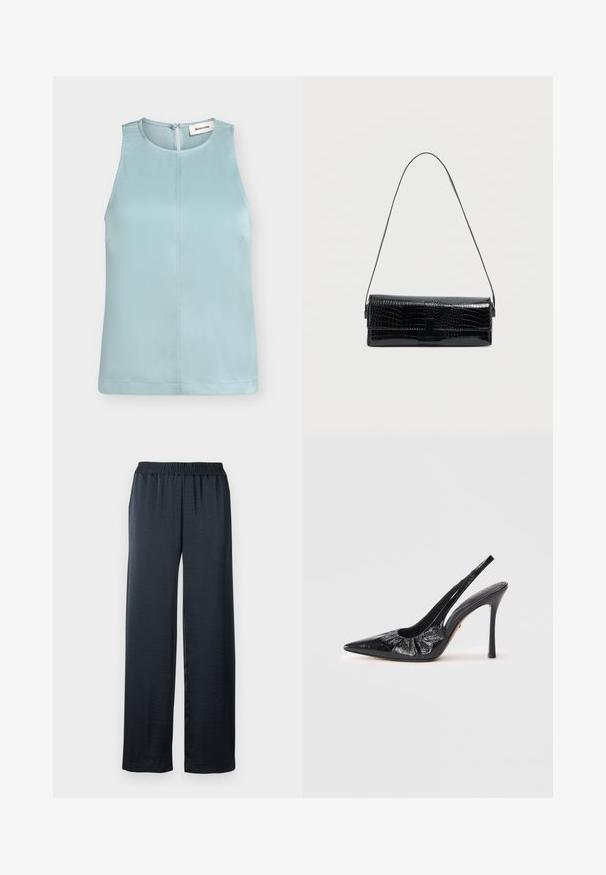 Blouse bleu clair sans manches avec col rond et fermeture boutonnée à l'arrière, avec une couture centrale à l'avant.; Pantalons larges noirs en tissu lisse et léger. Dotés d'une taille élastique pour le confort et d'une silhouette fluide.; Pompe à talon aiguille en cuir noir, avec un bout pointu, un texture froncé à l'avant et un haut talon stiletto.; Sac à bandoulière en cuir noir effet croco, forme rectangulaire, texture brillante, avec une fine sangle réglable et une fermeture à rabat frontale.