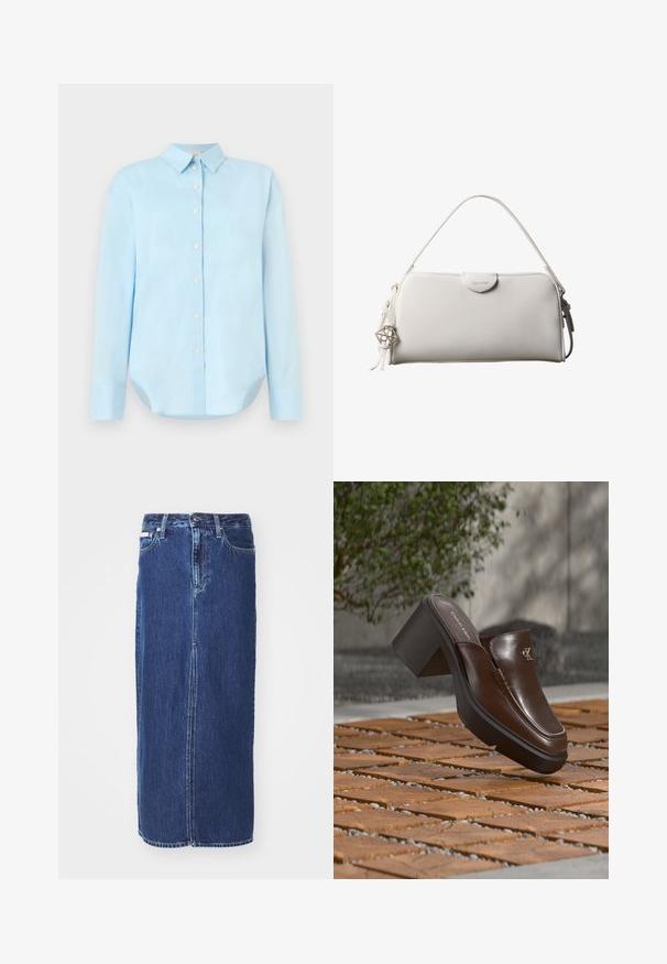 Lysblå skjorte med knapper foran, lange ærmer, krave, afrundet kant og fem knapper foran; lavet af glat, letvægtsstof.; Mørkeblå denimnederdel, knælang, med slidse foran, traditionel talje og fem-lommes design med kontrasterende syninger.; Brun læder Calvin Klein hæl mule svævende over trægulv med en sløret grøn plante og væg baggrund.; Hvid rektangulær Calvin Klein håndtaske med enkelt håndtag, minimalistisk design og dekorative kvaster med geometrisk metalvedhæng på siden.
