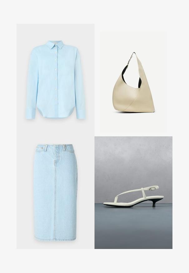 Hellsblaues kurzärmeliges Hemd mit langen Ärmeln, Kragen, abgerundetem Saum und fünf vorderen Knöpfen; aus glattem, leichtem Stoff gefertigt.; Helle blaue Denim-Bleistiftrock mit hoher Taille, Fünf-Taschen-Design und subtilen Stickdetails entlang der Nähte.; Weiße Riemchenpantolette mit kitten heel und spitz zulaufender Zehenpartie, schwebt über einem Holzkachelboden im Freien mit verschwommenem Pflanzen- und Wandhintergrund.; Schultertasche aus cremefarbenem, glattem Leder mit geschwungener, dreieckiger Form und verstellbarem Riemen mit silberner Schnalle.
