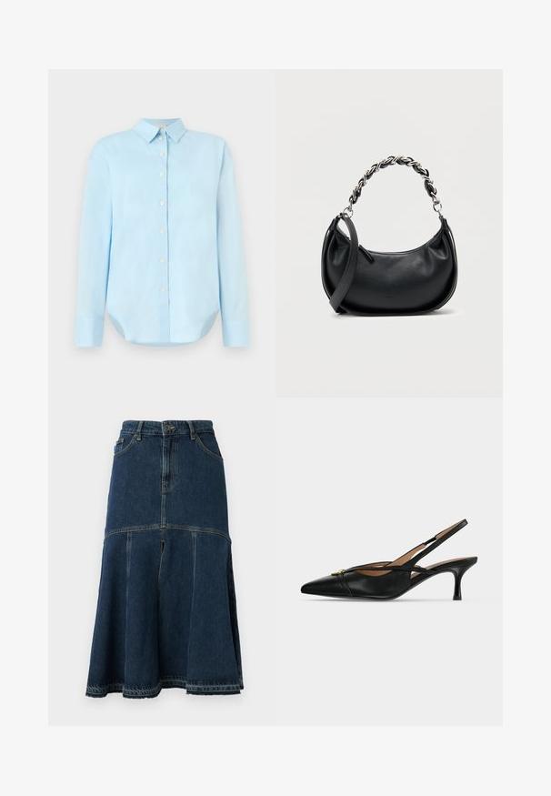 Camisa de botón azul claro con mangas largas, cuello, dobladillo redondeado y cinco botones frontales; hecha de una tela suave y liviana.; Falda de mezclilla en azul oscuro con forma acampanada, con cintura alta, bolsillos delanteros y un dobladillo sin rematar. Textura desgastada y detalles de costura.; Zapato slingback de cuero negro con punta puntiaguda, tacón bajo tipo kitten y detalle de hebilla dorada en el frente.; Bolso de cuero negro con forma redondeada, doble asa con una gruesa cadena de plata y cierre superior con cremallera. Textura suave.