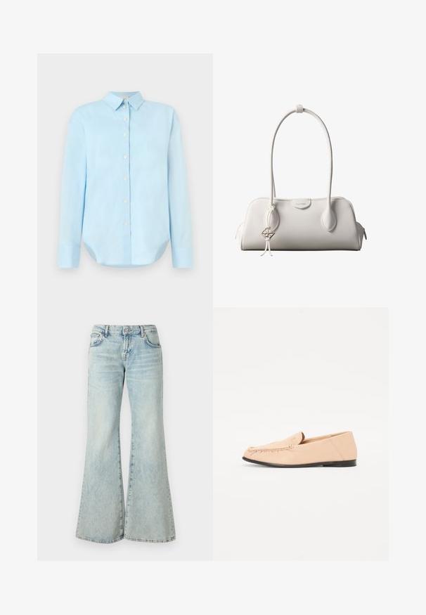 Lysblå skjorte med knapper foran, lange ærmer, krave, afrundet kant og fem knapper foran; lavet af glat, letvægtsstof.; Lyseblå flared jeans lavet af denim, med høj talje, lommer og frynset kant. Stoffet har et slidt look og en subtil struktur.; Beige læder loafers med syet detaljer, en flad sort sål og en rund tå. Minimalistisk design uden fremtrædende hardware eller accenter.; Hvid Calvin Klein skuldertaske med lange håndtag, rektangulær form, lynlåslukning og dekorativt logohæng tæt på håndtaget.
