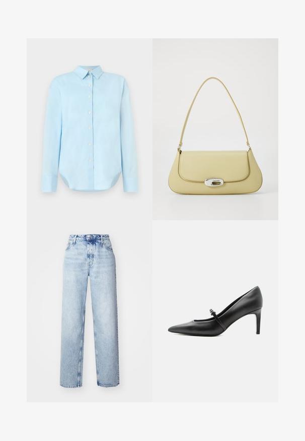 Camisa de botón azul claro con mangas largas, cuello, dobladillo redondeado y cinco botones frontales; hecha de una tela suave y liviana.; Jeans de tiro alto color azul claro con un corte holgado, que cuentan con piernas rectas, cinco bolsillos y un cierre clásico de botones y cremallera.; Zapato de tacón alto de cuero negro con punta puntiaguda, con tira fina y hebilla sobre el empeine, sobre fondo claro y neutro.; Bolso de cuero amarillo con forma redondeada, una correa de hombro única y un cierre ovalado de hardware plateado que presenta el nombre de la marca.