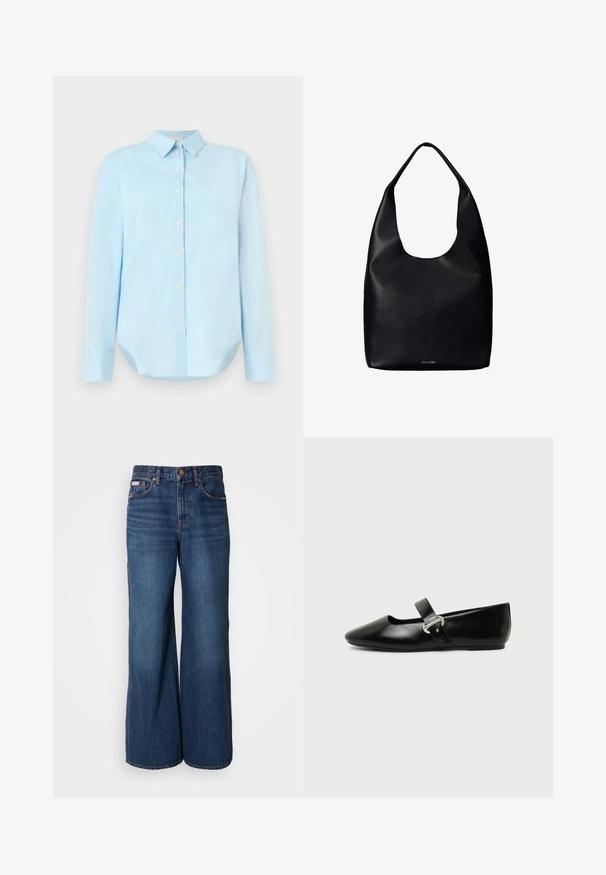 Lysblå skjorte med knapper foran, lange ærmer, krave, afrundet kant og fem knapper foran; lavet af glat, letvægtsstof.; Bredde jeans lavet af mørkeblåt denim. Funktioner inkluderer en høj talje, fem lommer og kontrasterende orange syninger langs sømmene.; Sort læder Mary Jane-flad sko med rundet tå og sølvspænde på ensfarvet baggrund.; Sort læder shoppertaske med en bred enkelt skulderrem og et subtilt Calvin Klein-logo nederst i midten.