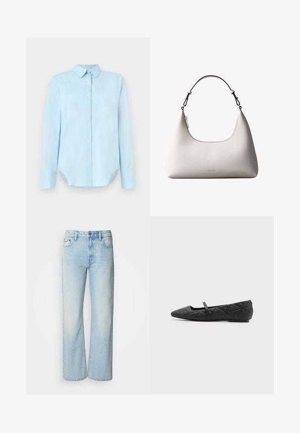 Camisa de botón azul claro con mangas largas, cuello, dobladillo redondeado y cinco botones frontales; hecha de una tela suave y liviana.; Vaqueros de pierna ancha azul claro confeccionados en denim, con un diseño clásico de cinco bolsillos y una sutil textura deslavada. La costura del denim es visible.; Zapato plano negro de punta puntiaguda con patrones geométricos acolchados y una fina correa sobre el empeine sobre un fondo liso.; Bolso de hombro de cuero color crema de Calvin Klein con borde superior curvado, cremallera plateada y correa ajustable marrón oscuro.