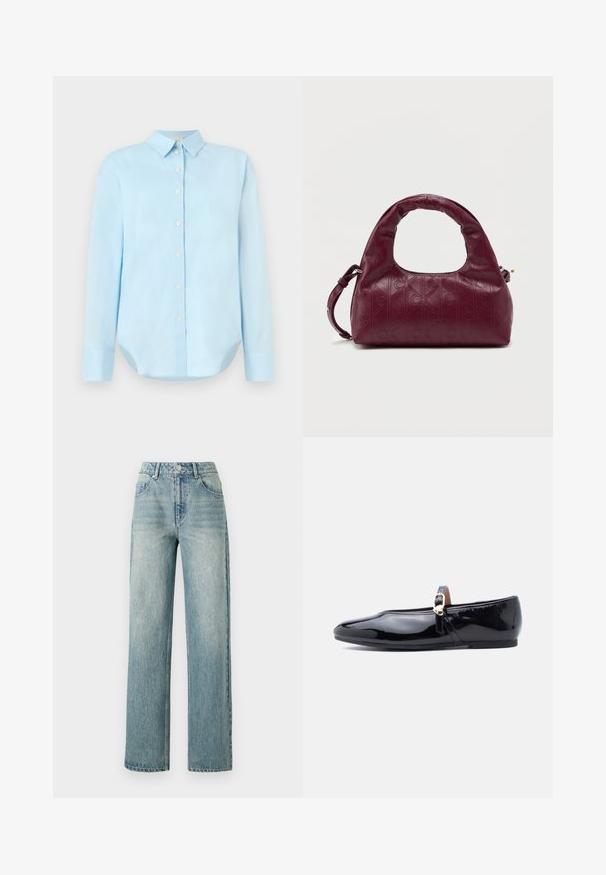 Hellsblaues kurzärmeliges Hemd mit langen Ärmeln, Kragen, abgerundetem Saum und fünf vorderen Knöpfen; aus glattem, leichtem Stoff gefertigt.; Copenhagen Muse JEANNE PANTS - Jeans Relaxed Fit - medium dirty washed denim; Schwarzer Ballerina aus Lackleder mit spitzer Zehenpartie und einem einzelnen Riemen über dem Spann, der mit einer goldfarbenen Schnalle verziert ist.; Burgunderfarbene Ledertasche mit einem runden Griff, geprägtem Diamantmuster, abnehmbarem Schultergurt und dezenten goldenen Hardware-Akzenten.