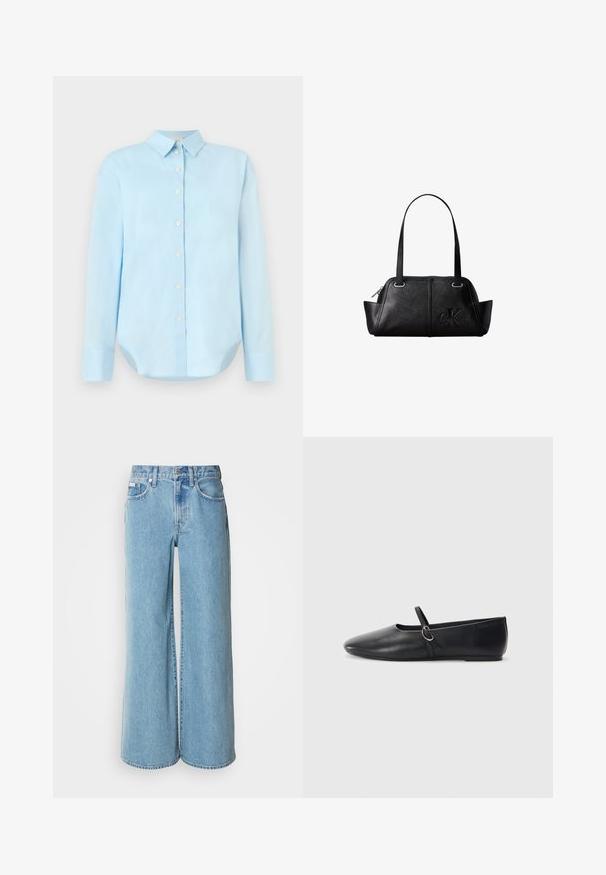 Lichtblauw overhemd met lange mouwen, een kraag, een afgeronde zoom en vijf knopen aan de voorkant; gemaakt van gladde, lichte stof.; Lichtblauwe wijde jeans van denim, met een hoge taille, vijf pockets en subtiele vervaging langs de stof.; Zwarte leren balletschoenen met een spitse neus, platte zool en een kleine strap met een zilveren gespsluiting.; Zwarte leren schoudertas met twee handvatten en een geperst Calvin Klein-logo aan de voorkant, ritssluiting en licht uitlopende zijkanten.