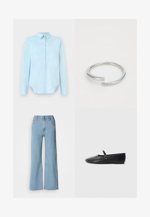Lichtblauw overhemd met lange mouwen, een kraag, een afgeronde zoom en vijf knopen aan de voorkant; gemaakt van gladde, lichte stof.; Lichtblauwe wijde jeans van denim, met een aansluitende taille, vijf-pocket ontwerp en subtiele stiksels.; Zwarte leren balletschoenen met een spitse neus, platte zool en een kleine strap met een zilveren gespsluiting.; Calvin Klein SPIRAL - Armband - silver-coloured