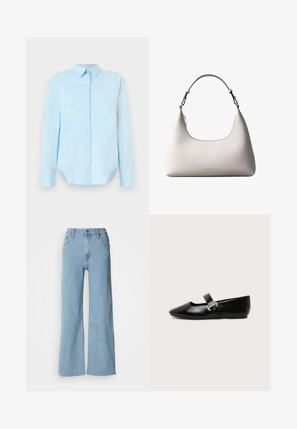 Lichtblauw overhemd met lange mouwen, een kraag, een afgeronde zoom en vijf knopen aan de voorkant; gemaakt van gladde, lichte stof.; Lichtblauwe wijde jeans van denim, met een aansluitende taille, vijf-pocket ontwerp en subtiele stiksels.; Zwarte leren Mary Jane platte schoen met een afgeronde neus en zilveren gespsluiting op een effen achtergrond.; Romige Calvin Klein leren schoudertas met gebogen bovenrand, zilveren rits en donkerbruine verstelbare riem.