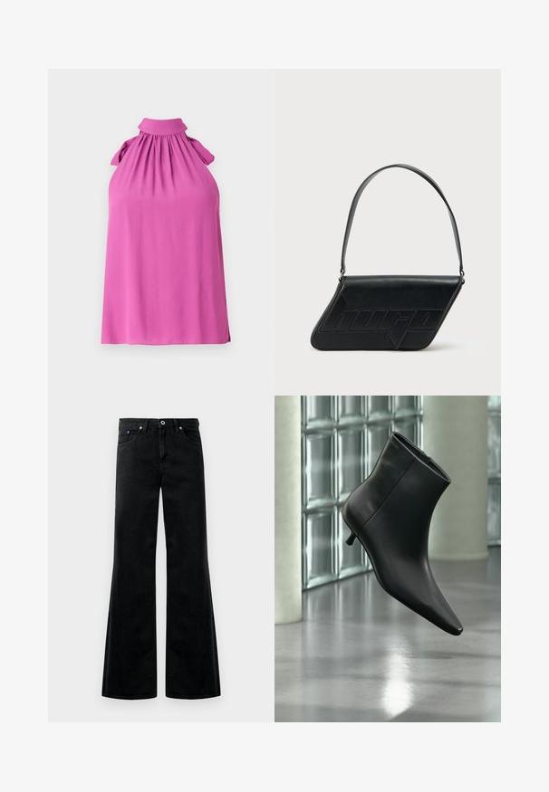 Top sin mangas en un vibrante color rosa con un cuello alto, escote fruncido y acentos de lazo en los hombros, hecho de una tela suave.; Vaqueros de mezclilla negra acampanados con cintura alta, diseño de cinco bolsillos y detalles de costura visibles. Textura suave con un ligero brillo.; Botín negro de cuero con punta puntiaguda y tacón bajo estilo kitten, mostrado en ángulo sobre un suelo pulido y con una pared de bloques de vidrio de fondo.; Bolso de hombro de cuero negro con forma triangular, logo en relieve y una sola correa ajustable. Diseño minimalista con textura suave.