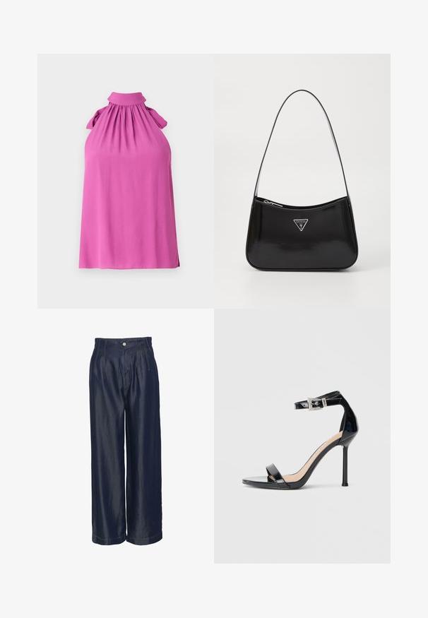 Top sin mangas en un vibrante color rosa con un cuello alto, escote fruncido y acentos de lazo en los hombros, hecho de una tela suave.; Pantalones de mezclilla de pierna ancha en azul marino con una cintura alta, con plisados frontales y acentos de costura dorada, textura suave y cierre de botón.; Sandalia de tacón alto en piel sintética negra con correa en el tobillo. Presenta un diseño minimalista, punta abierta y una hebilla con detalles de pedrería.; Bolso de hombro de charol negro con forma curva, que presenta un logotipo triangular plateado y un cierre de cremallera. Textura suave y correa delgada.