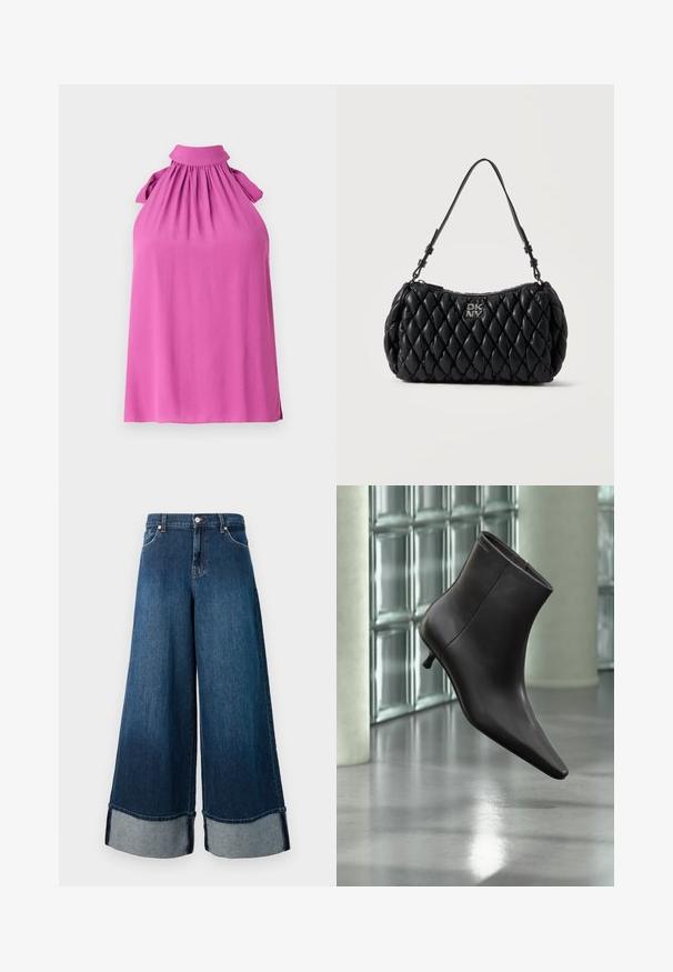 Top sin mangas en un vibrante color rosa con un cuello alto, escote fruncido y acentos de lazo en los hombros, hecho de una tela suave.; Jeans de mezclilla de pierna ancha en lavado oscuro con un acabado deslavado. Presentan un dobladillo sin acabado y un puño de mezclilla más clara. Incluyen bolsillos frontales y cierre de botón.; Bota de cuero negro para el tobillo con puntera puntiaguda y tacón pequeño, exhibida frente a una pared de bloques de vidrio y un suelo pulido.; Bolso DKNY negro de cuero acolchado para hombro con correa corta ajustable y logo plateado en el frente.