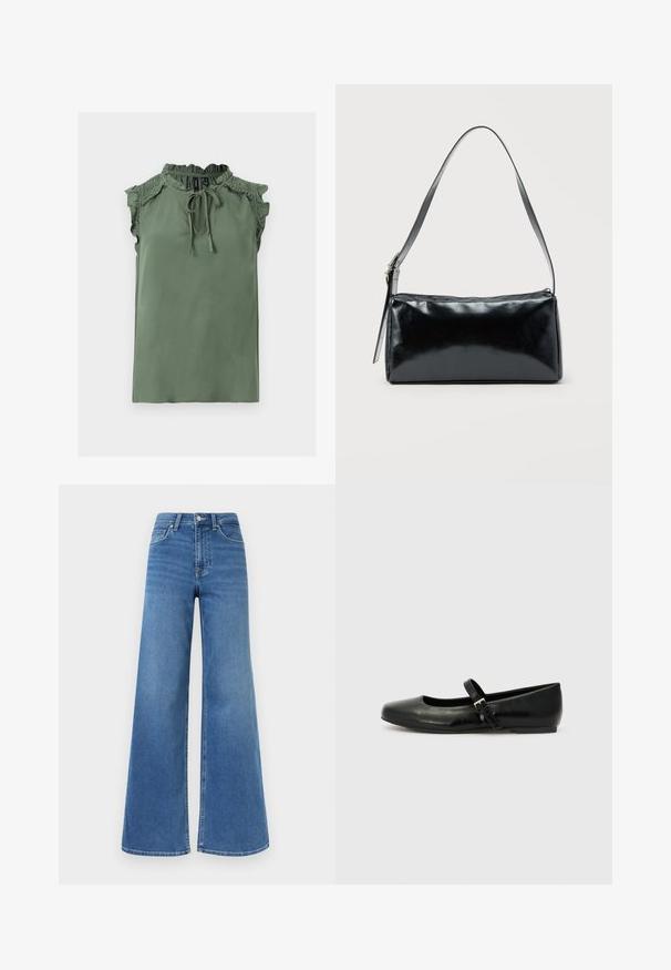 Blouse sans manches vert sauge avec col et épaules volantés, fermeture par lien au niveau de l'encolure devant, et détails smockés sur le haut de la poitrine.; Jean en denim bleu taille haute avec jambes larges, fermeture avant à boutons et fermeture éclair, ainsi que poches avant et arrière.; Ballerines en cuir noir avec un bout arrondi, une semelle plate et une fine sangle ajustable sur le cou-de-pied avec une boucle en métal.; Sac d'épaule rectangulaire noir avec une sangle réglable unique et une fermeture éclair supérieure sur un fond uni.