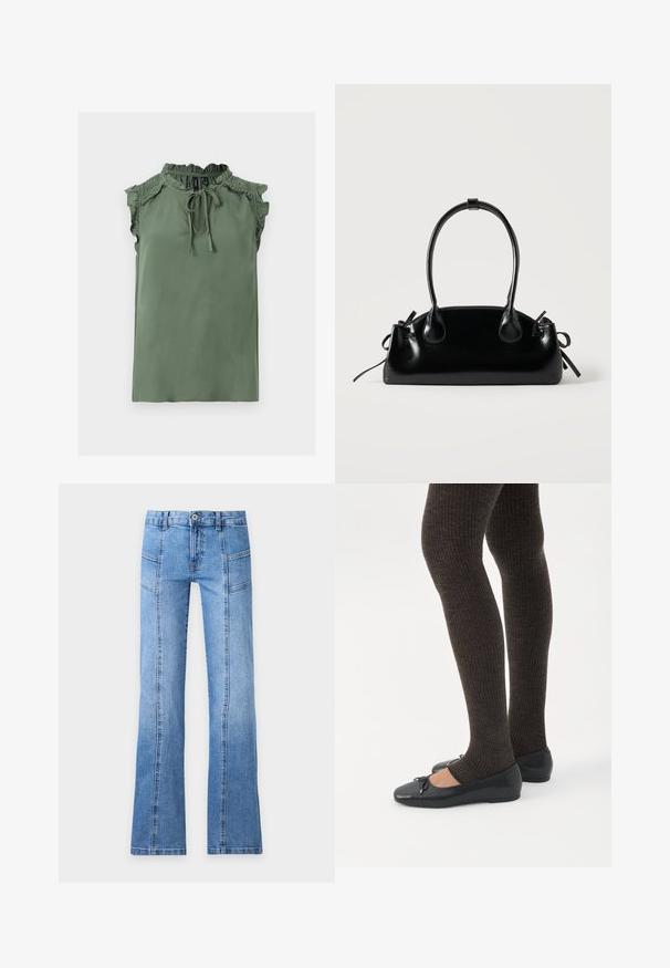 Blouse sans manches vert sauge avec col et épaules volantés, fermeture par lien au niveau de l'encolure devant, et détails smockés sur le haut de la poitrine.; Jean en denim bleu clair avec taille haute, bouton devant, fermeture éclair, détails de coutures et jambes légèrement évasées sur un fond uni.; Jambes portant des leggings côtelés foncés associés à des ballerines noires avec de petits détails en nœud sur fond blanc.; Petit sac à main noir brillant avec deux longues anses et des détails à cordon sur les côtés sur un fond clair uni.