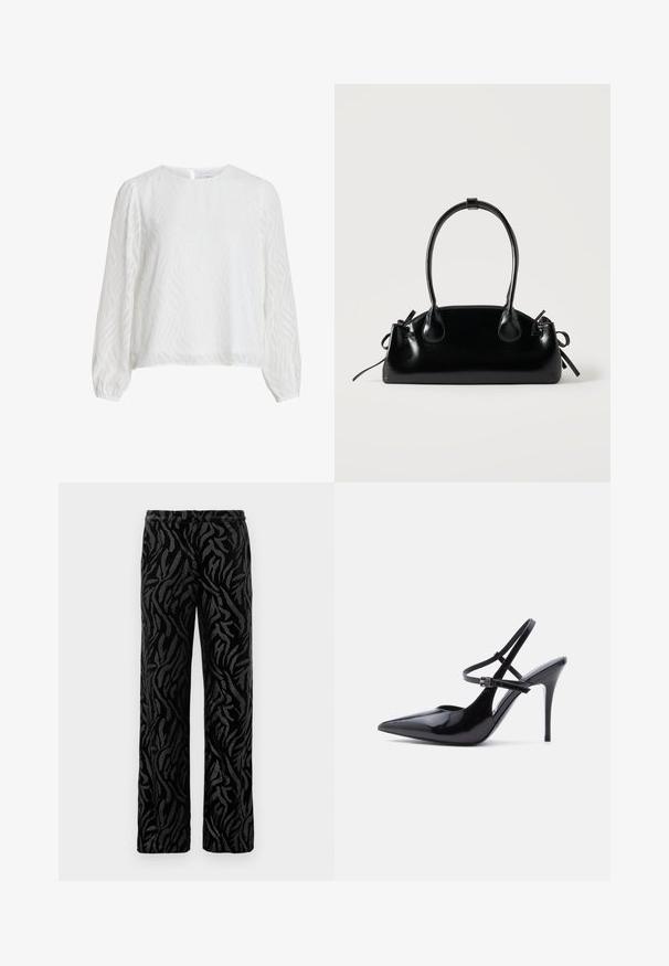 Blouse blanche à manches longues avec un motif texturé ondulé subtil, décolleté rond et fermeture à boutons au dos.; Pantalon noir avec un motif texturé en spirale. Fabriqué en matière douce avec une coupe droite et une taille élastique pour plus de confort.; Chaussure à talon haut en cuir verni noir à bout pointu, avec deux fines brides de cheville ajustables et un talon aiguille, vue de côté.; Petit sac à main noir brillant avec deux longues anses et des détails à cordon sur les côtés sur un fond clair uni.