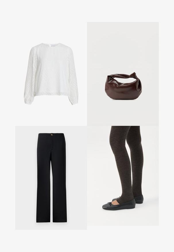 Blouse blanche à manches longues avec un motif texturé ondulé subtil, décolleté rond et fermeture à boutons au dos.; Pantalon noir avec une coupe droite, doté d'une fermeture à bouton en or et d'un tissu lisse et texturé. Pas de poches visibles ni de motifs.; Jambes portant des leggings côtelés foncés associés à des ballerines noires avec de petits détails en nœud sur fond blanc.; Sac bandoulière en cuir marron foncé avec une forme souple et décontractée et une anse nouée torsadée sur un fond blanc uni.