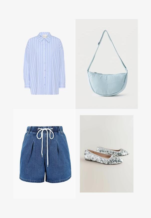 Lyseblå skjorte med knapper og hvide lodrette striber, med spidse kraver, lange ærmer og en afslappet pasform. Blødt bomuldsstof.; Blå denimshorts med elastisk linning og hvid snor til at binde, med frontplisser og sidelommer.; Spidse flade sko dækket af sølvfarvede palietter med satintrim, der har en lille sløjfe foran. Flad såldesign.; Lyseblå skuldertaske i måneform med justerbar rem og lynlåslukning øverst på ensfarvet baggrund.
