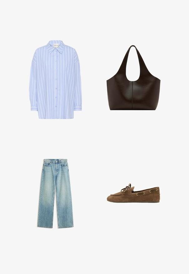 Lyseblå skjorte med knapper og hvide lodrette striber, med spidse kraver, lange ærmer og en afslappet pasform. Blødt bomuldsstof.; Lyseblå denimjeans med bred bendesign, mellemhøj talje, fem lommer, kontrastsyninger og minimal lyseeffekt for et klassisk look.; Brun mokkasinklædt loafer med bånddetalje, guldfarvede øjer og syninger langs kanten, set fra siden mod en hvid baggrund.; Mørkebrun lædertaske med brede skulderremme og en afrundet topåbning, simpelt design med centralt sømdetalje.
