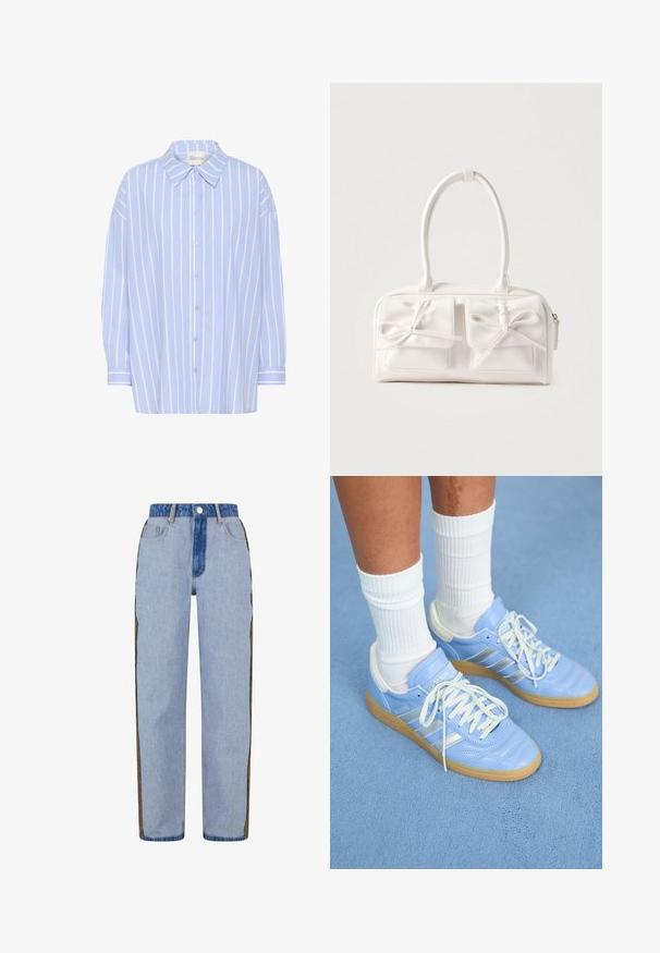 Lyseblå skjorte med knapper og hvide lodrette striber, med spidse kraver, lange ærmer og en afslappet pasform. Blødt bomuldsstof.; Lys blå denim jeans med lige ben, der har en kontrastfarvet mørk denim talje og dekorative sideaccenter i et unikt mønster.; Lyseblå lædersneakers med hvide detaljer, flade snørebånd og en gummisål, parret med hvide ribbede crew-sokker på en blå overflade.; Hvid syntetisk håndtaske med to forlommer, hver med en bundet sløjfedetalje. Glat tekstur, afrundede håndtag og lynlås lukning.