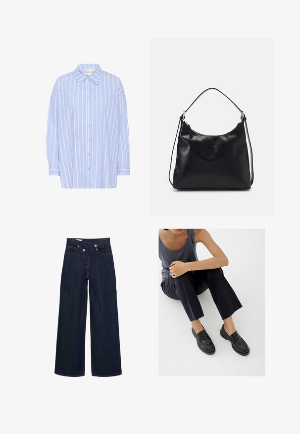 Lyseblå skjorte med knapper og hvide lodrette striber, med spidse kraver, lange ærmer og en afslappet pasform. Blødt bomuldsstof.; Mørkeblå bredbenede denimjeans med høj talje og knaplukning, der har for- og baglommer samt brun syning.; Sorte læderloafers med teksturerede detaljer, lav hæl, rund tå og synlige syninger. Modellen bærer mørke bukser og en grå top.; Ung kvinde med langt sort hår sidder på en træklods iført en cremet outfit og holder en sort læder skuldertaske over brystet.
