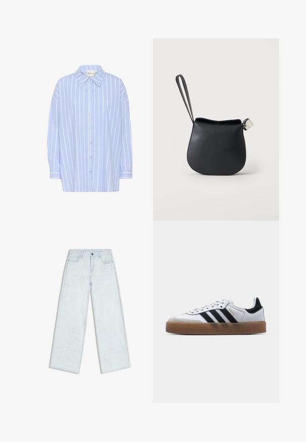 Lyseblå skjorte med knapper og hvide lodrette striber, med spidse kraver, lange ærmer og en afslappet pasform. Blødt bomuldsstof.; Lyseblå vidde-jeans med forreste knap og lynlås, bæltestropper og fem-lomme design, lagt fladt på hvid baggrund.; Hvide lædersneakers med sorte striber, gummirubber sål, rund tå, snørelukning og blød grå ruskinds tåhætte.; Sort læder håndledspung med rundet bund og sølvspænde på en ensfarvet hvid baggrund.