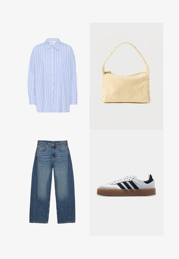 Lichtblauw overhemd met witte verticale strepen, voorzien van een puntige kraag, lange mouwen en een ontspannen pasvorm. Zacht katoenmateriaal.; Brede blauwe jeans van denim, met een klassieke vijf-pocketontwerp, een vervaagde wassing en tonale stiksels.; Witte leren sneakers met zwarte strepen, gumrubberen buitenzool, ronde neus, vetersluiting en een zachte grijze suède neuskap.; Kleine beige leren handtas met een enkele band en zilveren studs langs de randen en band, tegen een effen achtergrond.