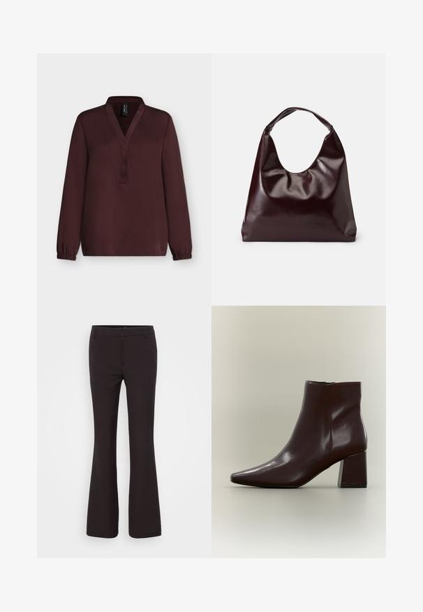Blouse à manches longues bordeaux foncé avec col en V, sans boutons et poignets élastiques sur fond gris clair.; Gina Tricot Tall RELAXED TROUSERS - Pantalon classique - brown; Bottine en cuir marron foncé avec talon bloc carré et fermeture éclair latérale sur fond neutre.; Sac en cuir vegan bordeaux, brillant, avec une forme douce et sculpturale et une large poignée incurvée pour un transport facile.